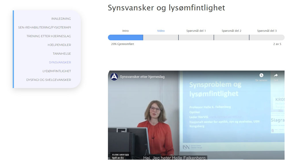 Skjermdump fra e-læringskurs på slagkurs.no. Professor Helle K Falkenberg fra USN har ansvar for modulen om synsvansker.